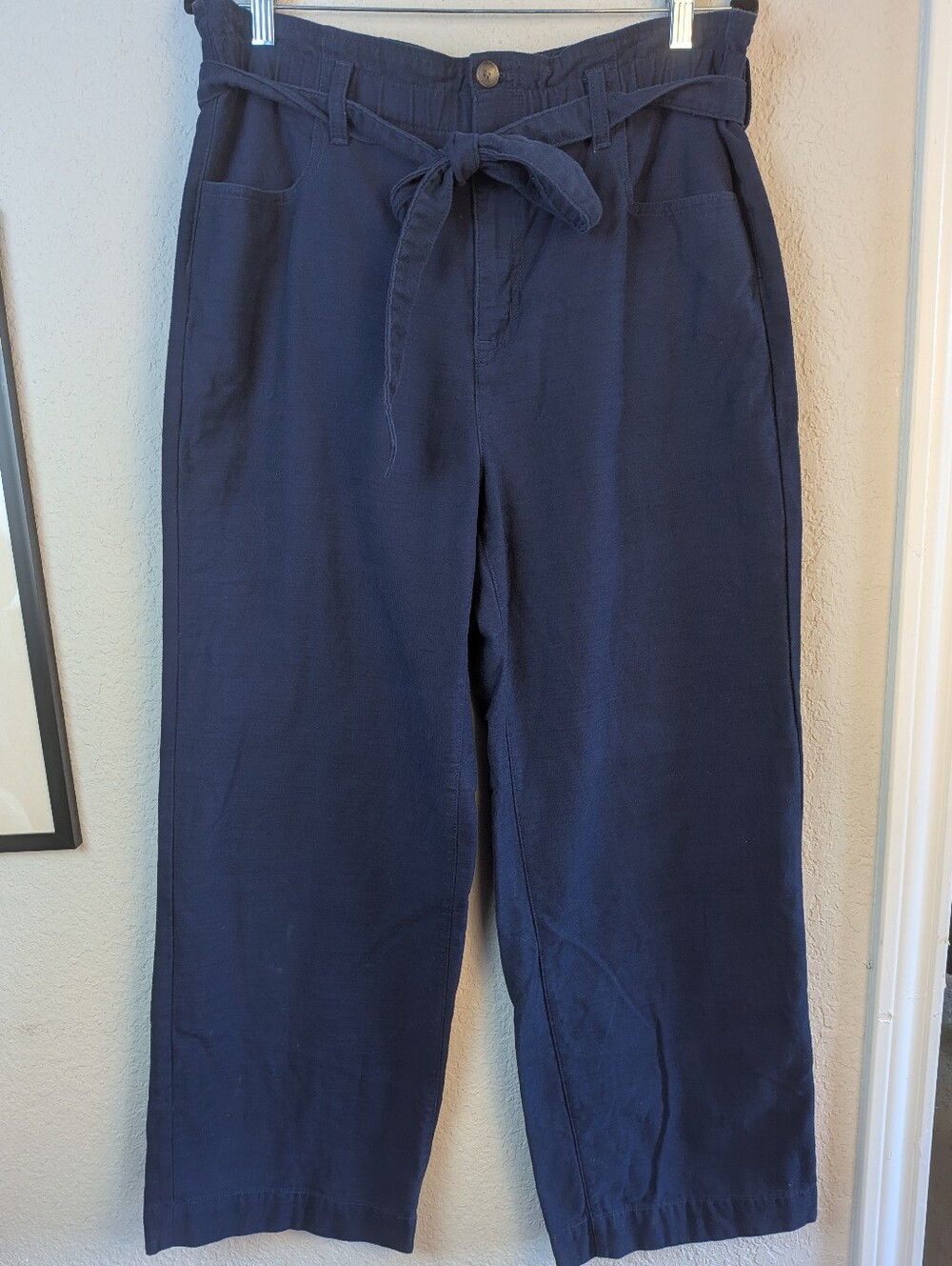 J. Crew 100% Cotton Cropped Wide Leg Pants Size 14 Navy Stretch Waist Capsule